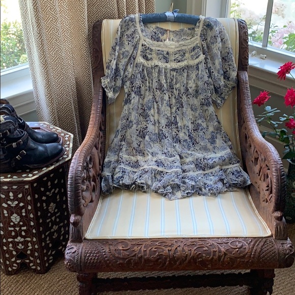 FREE PEOPLE MORE THAN A FEELING TUNIC/MINI DRESS BEAUTIFUL BLUES WITH CREAM S - Picture 5 of 12